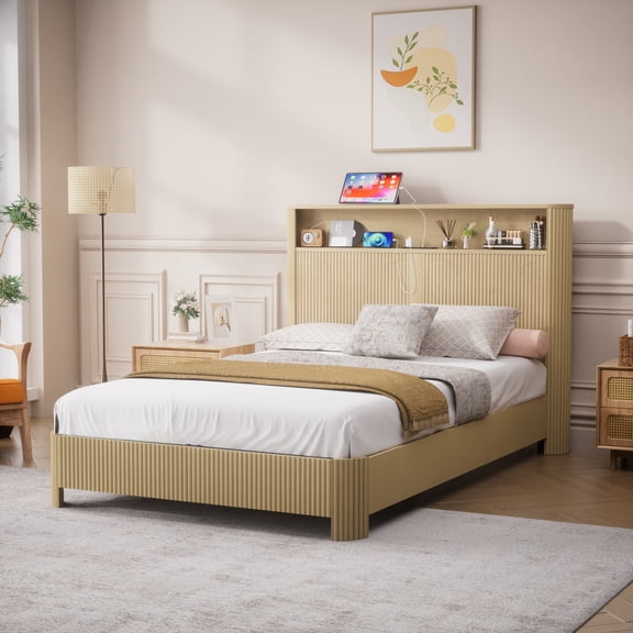 Tuqiang Full XL Bed Frame Storage Headboard Charging Station Wavy Curved Metal Support Natural
