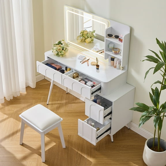 Tuqiang Modern Makeup Vanity Desk with LED Lights Mirror 4 Drawer Dressing Table Set Stool 3 Colors Dimmable Brightness Space-Saving White