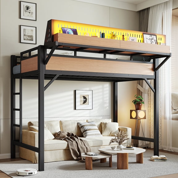 Tuqiang Twin XL Loft Bed Frame Storage Shelves Pegboard Metal USB LED Natural