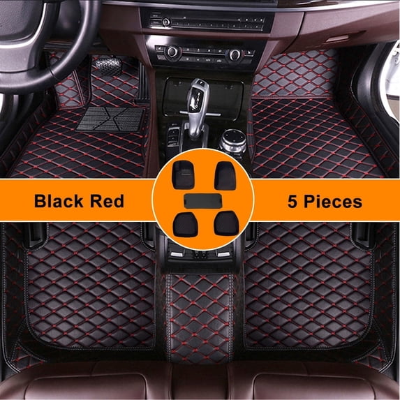 Tuqiang Universal Fit PU Leather Car Floor Mats Left Drive Floor Liner Automobile Rugs Cover Front And Rear Row Fit Suspension Pedal Model 5pcs Black and Red