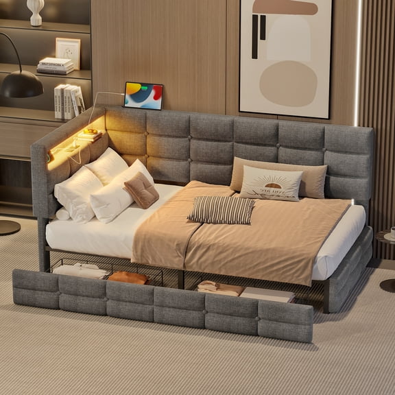 Tuqiang Upholstered Twin Daybed Storage 2 Drawers Charging Station LED Lights Headboard No Box Spring Gray