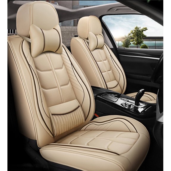 Tuqiang front car seat covers leather. for FIAT for Tipo 2015-Present 2 Seats Leather Compatible Airbag Water Resistant Front Rear Cushion Protector with Pollow and Headrest Beige