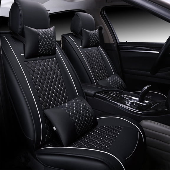 Tuqiang 2pcs leather front car seat covers. for SEAT for Altea 2004-2015 2 Seats Airbag Compatible Leather Waterproof Front Rear Cushion Protector with Pollow and Headrest Black and White