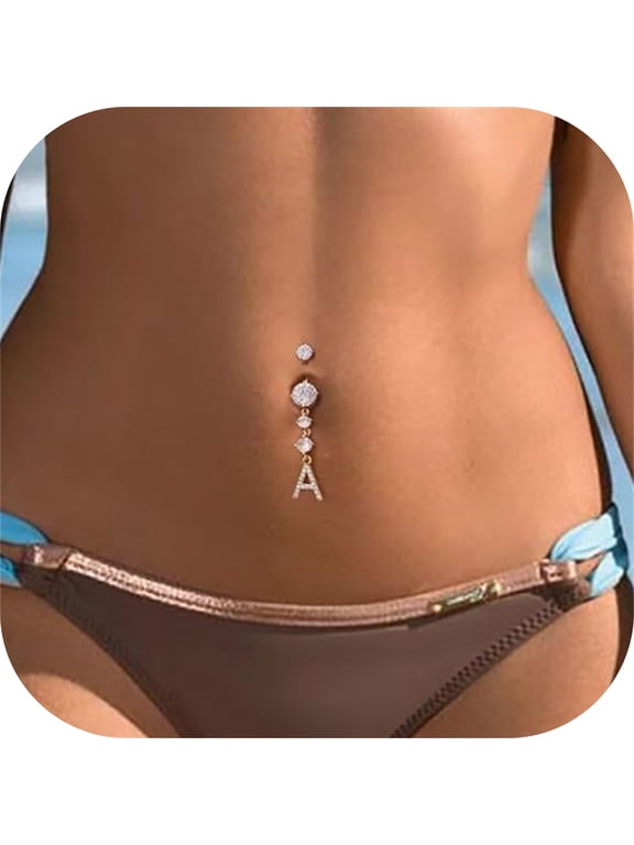 14G Initial Belly Button Rings for Women 14K Gold Plated Round Cz Letter A-Z Pendant Belly Rings Dangle Navel Barbell Body Piercing Jewelry Gift for Women