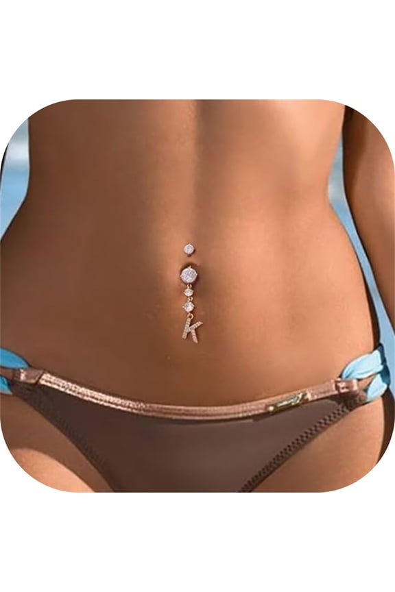 14G Initial Belly Button Rings for Women 14K Gold Plated Round Cz Letter A-Z Pendant Belly Rings Dangle Navel Barbell Body Piercing Jewelry Gift for Women