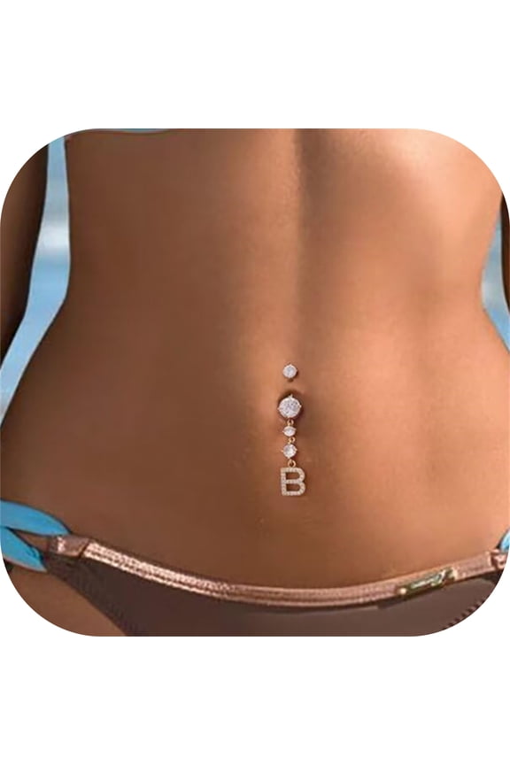 14G Initial Belly Button Rings for Women 14K Gold Plated Round Cz Letter A-Z Pendant Belly Rings Dangle Navel Barbell Body Piercing Jewelry Gift for Women