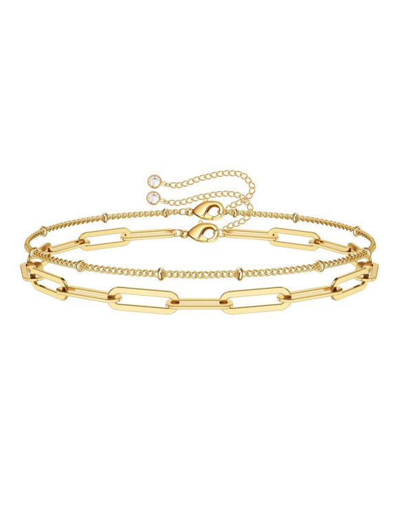 14K-Gold-Plated Bracelet for Women 14K-Gold-Plated Layering Oval Chain Bracelet Cute Layered Beads Women Jewelry Mothers Day Birthday Gift for Women Mom Teacher Girlfriend (Oval & Chain)