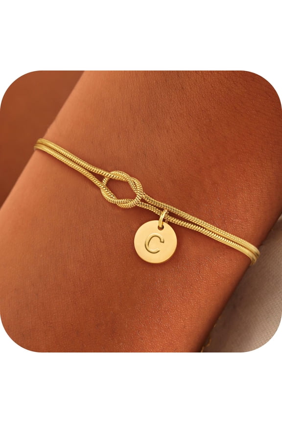 14K-Gold-Plated Bracelets for Women Trendy Dainty 14K-Gold-Plated Plated Knot Disc Charm Initial C Bracelet for Girls Personalized Twist Love Pendant Letter C Bracelet Teen Girls Gifts