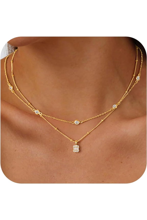 14K Gold Plated CZ Pendant Necklace for Women Dainty Layered Satellite Chain Cubic Zirconia Link Choker Necklaces Set Stack Trendys Jewelry Gifts for Women