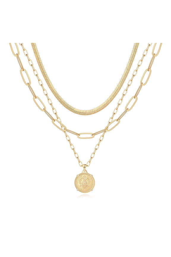 14K Gold Plated Coin Pendant Necklaces for Women Dainty Coin Pedant Medallion Chunky Stack Necklace Snake Chain Choker Necklace Gold Coin Jewelry Set for Women Her