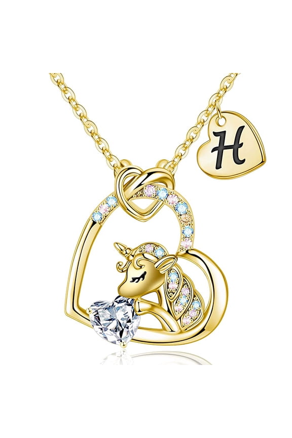 14K Gold Plated Colorful Cz Initial Unicorn Heart Pendant Necklaces for Teens Little Girls Age 4-16 Daughter Kids Jewelry Birthday Gifts for Women Teen Girls Her