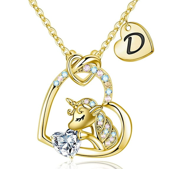 Turandoss 14K Gold Plated Colorful Cz Initial Unicorn Heart Pendant Necklaces for Teens Little Girls Daughter Granddaughter Niece Jewelry Birthday Gifts for Women Teen Girls Her
