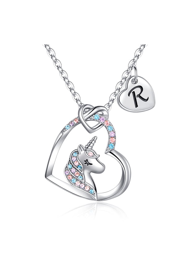 14K Gold Plated Colorful Cz Initial Unicorn Heart Pendant Necklaces for Teens Little Girls Daughter Kids Jewelry Birthday Gifts for Women Girls Age 4-6