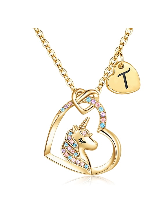 14K Gold Plated Colorful Cz Initial Unicorn Heart Pendant Necklaces for Teens Little Girls Daughter Kids Jewelry Birthday Gifts for Women Girls Age 8-12