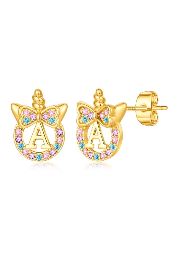 14K Gold Plated Colorful Cz Initial Unicorn Stud Earrings for Teens Little Girls Daughter Kids Jewelry Easter Birthday Gifts for Women Girls Age 8-12