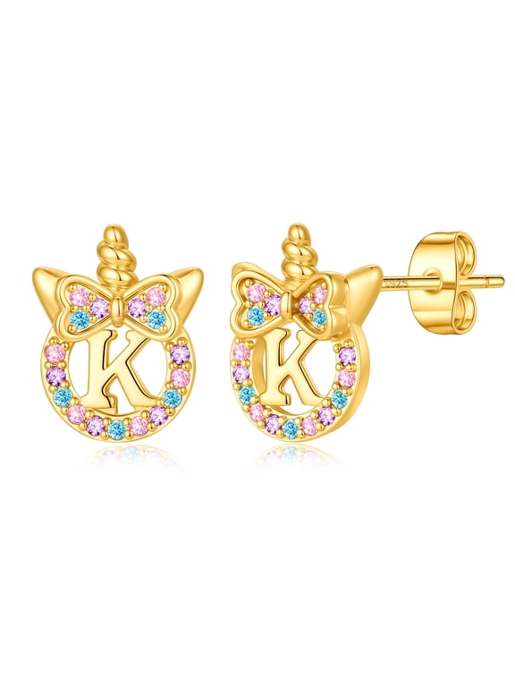 14K Gold Plated Colorful Cz Initial Unicorn Stud Earrings for Teens Little Girls Daughter Childrens Jewelry Birthday Gifts for Women
