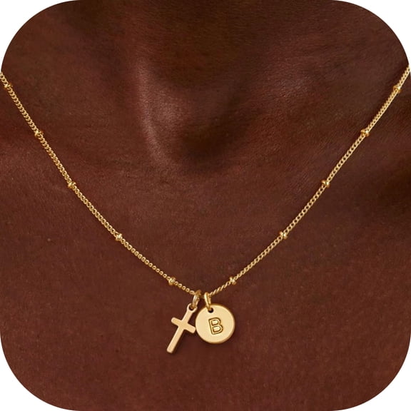 Turandoss 14K Gold Plated Cross Initial Disc Necklace for Women GirlsDainty Letter A-Z Coin Pendant Jewelry Trendy Fashion Accessories Personalized Christian Gifts for Women Girls Kids
