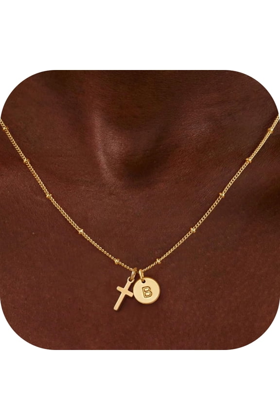 14K Gold Plated Cross Initial Disc Necklace for Women GirlsDainty Letter A-Z Coin Pendant Jewelry Trendy Fashion Accessories Personalized Christian Gifts for Women Girls Kids