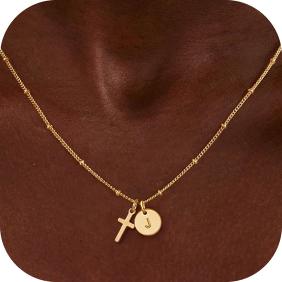 Turandoss 14K Gold Plated Cross Initial Disc Necklace for Women GirlsDainty Letter A-Z Coin Pendant Jewelry Trendy Fashion Personalized Christian Gifts for Niece Daughter Granddaughter