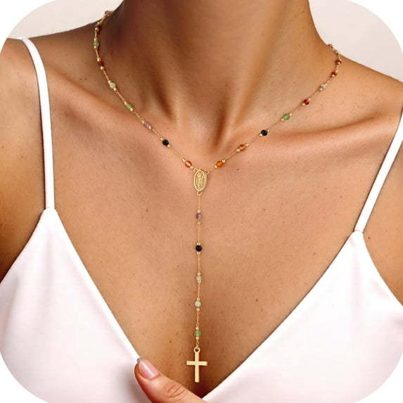 Turandoss 14K Gold Plated Cross Necklace for WomenDainty 14K Gold Plated Plated Holy Mary Medal Cross Pendant Necklace Colorful Rosary Beaded Y Chain Necklaces for Women Her Baptism Gifts