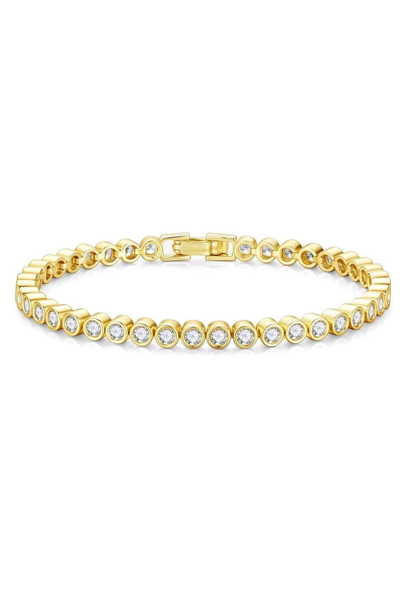 14K-Gold-Plated Cubic Zirconia Classic Tennis Bracelet 3mm Cz Yellow 14K-Gold-Plated Bracelet for Women Girls 7 inch