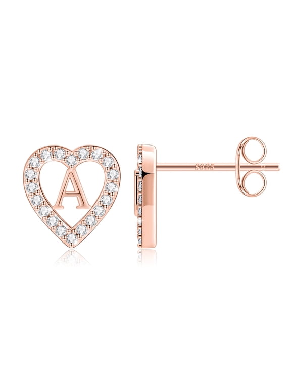 14K Rose Gold Plated Heart Initial Earrings for Girls Women, CZ Flat Back Stud Earring Hypoallergenic, Birthday Gifts for Teen Girls, A
