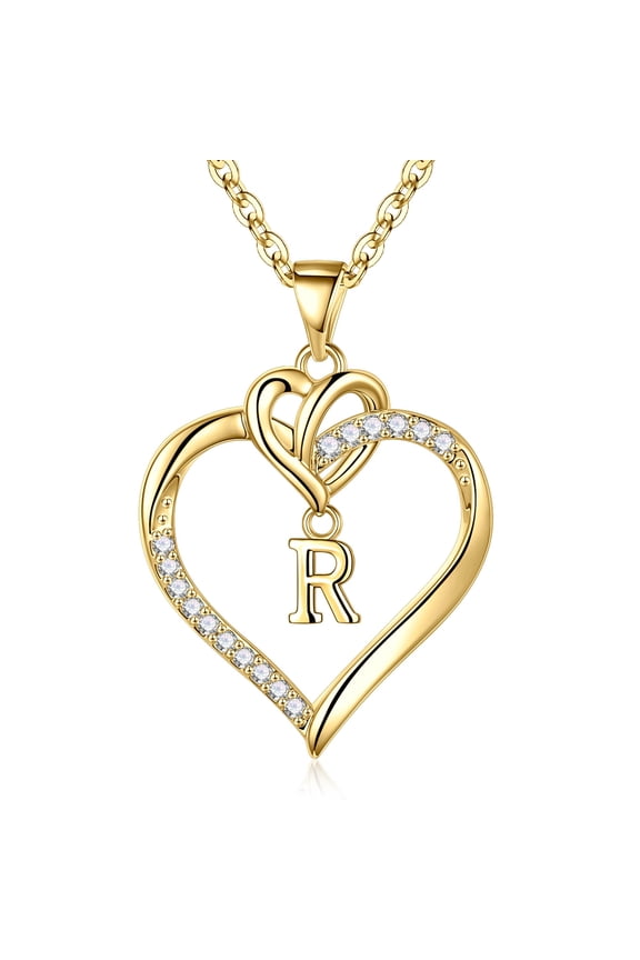 14K Gold Plated Cz Initial Love Heart Pendant Necklaces for Women Girls Letter A-Z Pendant Chain Graduation Wedding Birthday Jewelry Gifts for Teen Kids Mom Wife Bride Age