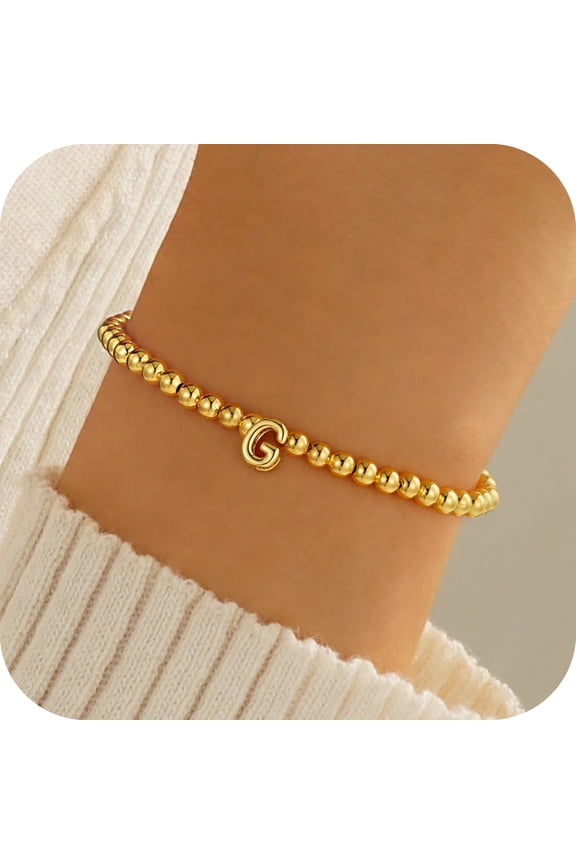 14K Gold Plated Dainty Beaded Initial Bracelet for Girls Women Cute Bubble Letter A-Z Fashion Accessories Personalized Birthday Gifts for Women Toddler