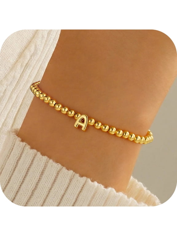 14K Gold Plated Dainty Beaded Initial Bracelet for Women Cute Bubble Letter Jewelry Trend Birthday Teacher Appreciation Mothers Day Graduation Gifts for Her Mom Kids Teen Girls Wife Ideas