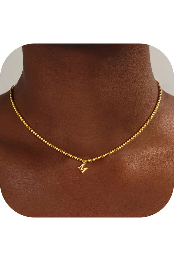 14K Gold Plated Dainty Beaded Initial Choker Necklace for Women Teen Girls Cute Letter A-Z Custom Jewelry Personalized Birthday Gifts for Women Teen Girls