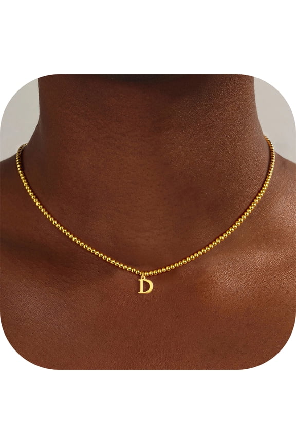 14K Gold Plated Dainty Beaded Monogram Dainty Choker Pendant Necklace for Women Teen Girls Cute Letter A-Z Kids Jewelry Trendy Personalized Birthday Gifts for Women
