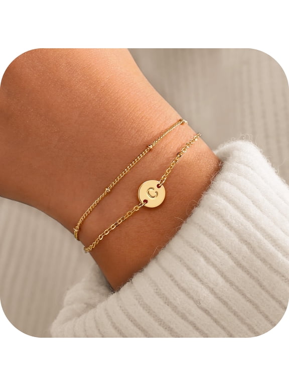 14K Gold Plated Dainty Charm Disc Layered Initial Link Bracelet for Women Letter A-Z Jewelry Personalized Birthday Gift for Women Girls Fashion