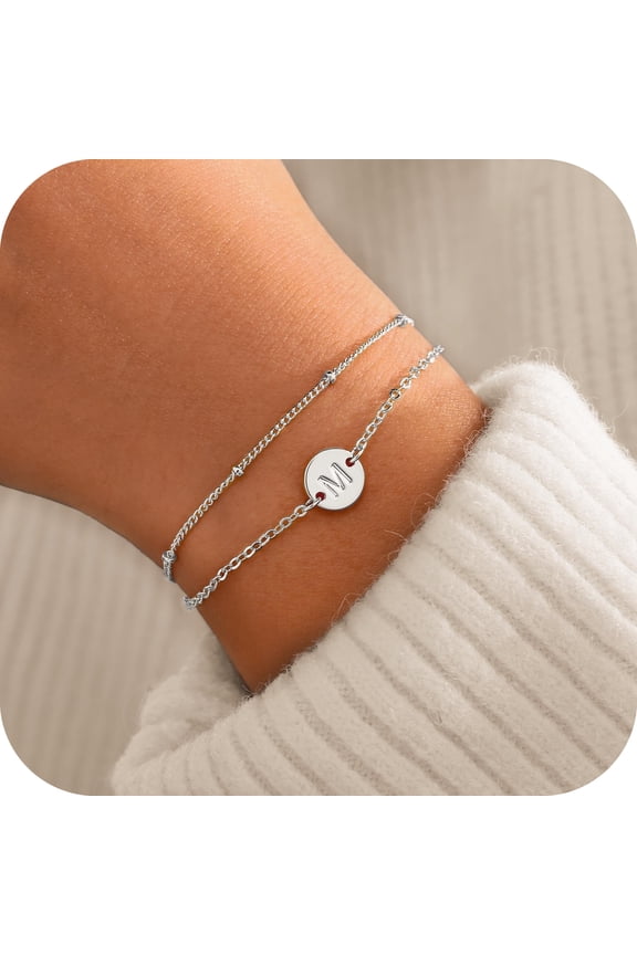 14K Gold Plated Dainty Charm Disc Layered Initial Link Bracelet for Women Letter A-Z Jewelry Personalized Birthday Gift for Women Sister