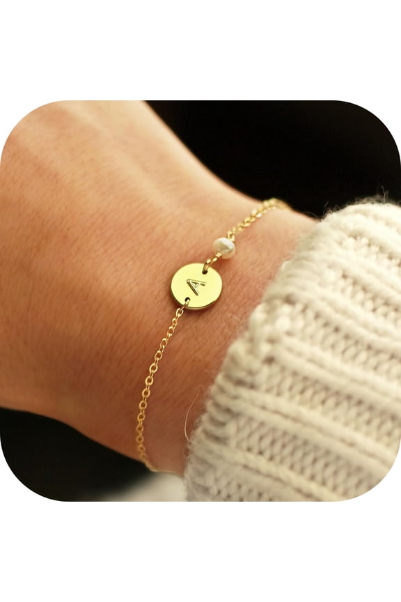 14K Gold Plated Dainty Charm Disc Pearl Initial Link Bracelet for Women Girls Letter A-Z Jewelry Personalized Birthday Wedding Bridesmaid Easter Birthday Gift for Women Girls