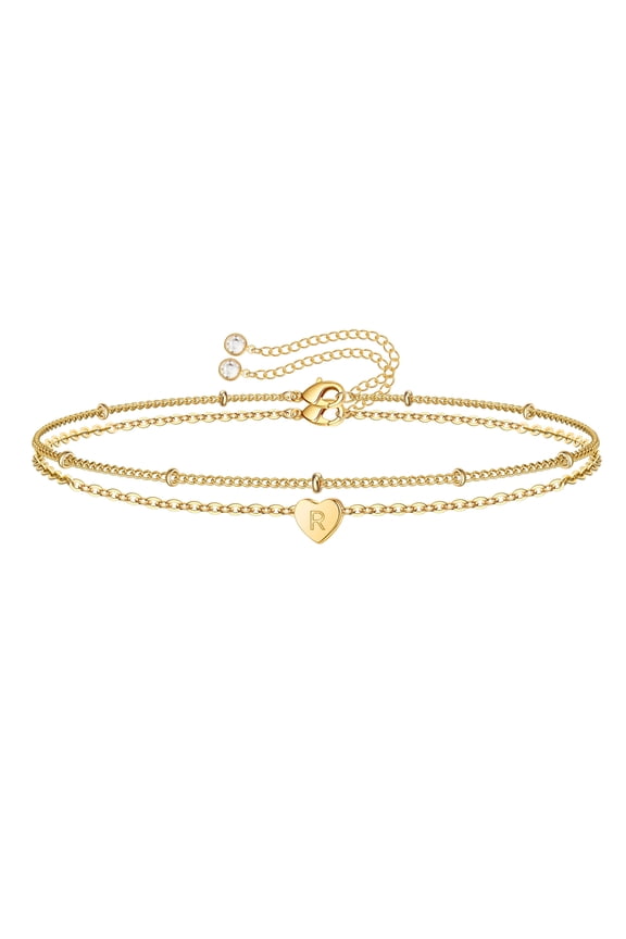 14K Gold Plated Dainty Charm Heartlayered Initial Link Bracelet for Women Letter A-Z Custom Jewelry Personalized Birthday Gift for Women Girls