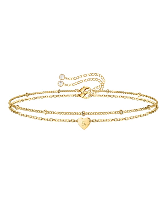 14K Gold Plated Dainty Charm Heartlayered Initial Link Bracelet for Women Letter A-Z Trend Jewelry Personalized Birthday Gift for Women Mom