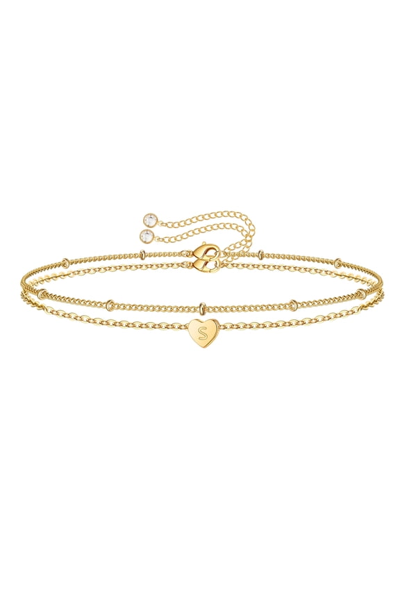 14K Gold Plated Dainty Charm Heartlayered Initial Link Bracelet for Women Letter A-Z Trend Jewelry Personalized Birthday Gift for Women Mom