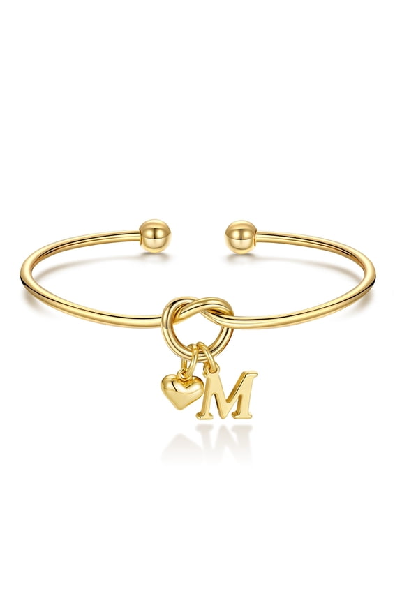 14K Gold Plated Dainty Charm Knot Heart Initial Cuff Bracelet for Women Girls Letter A-Z Jewelry Personalized Birthday Wedding Bridesmaid Proposal Maid Of Honor Bridal Shower Gift for Women