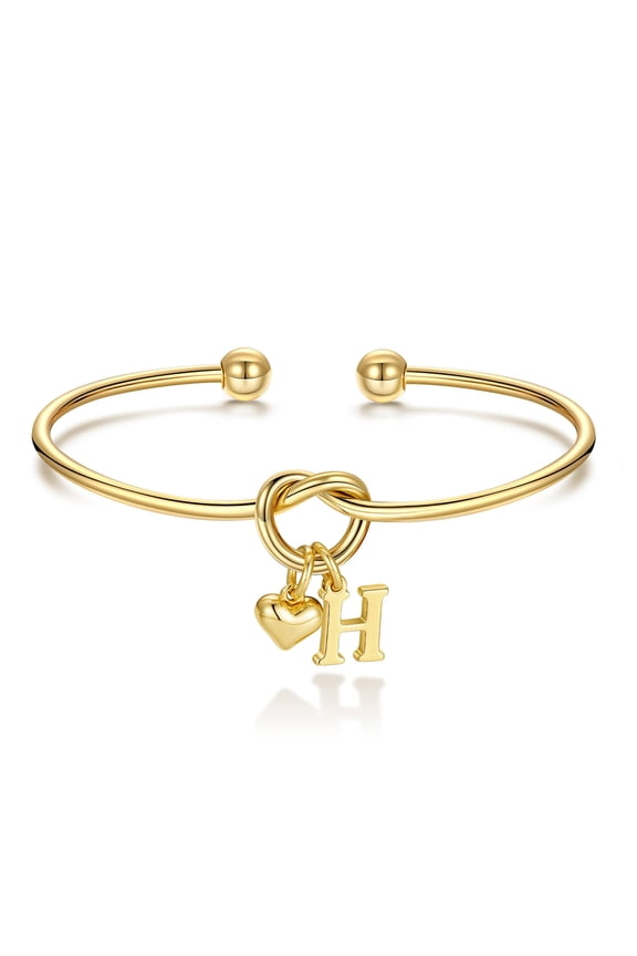 14K Gold Plated Dainty Charm Knot Heart Initial Cuff Bracelet for Women Girls Letter A-Z Jewelry Personalized Birthday Wedding Bridesmaid Proposal Maid Of Honor Bridal Shower Gift for Women