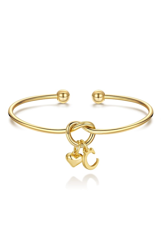 14K Gold Plated Dainty Charm Knot Heart Initial Cuff Bracelet for Women Girls Letter A-Z Jewelry Personalized Birthday Wedding Bridesmaid Proposal Mothers Day Gifts for Women Girls