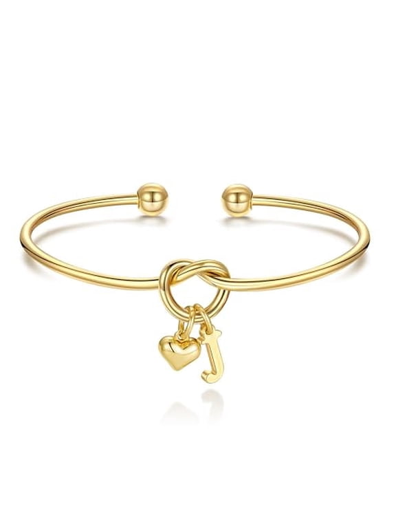 14K Gold Plated Heart Initial Bracelet for Women Girls, Knot Cuff Letter Charm Bracelets Adjustable, Birthday Gifts for Women Girls, J