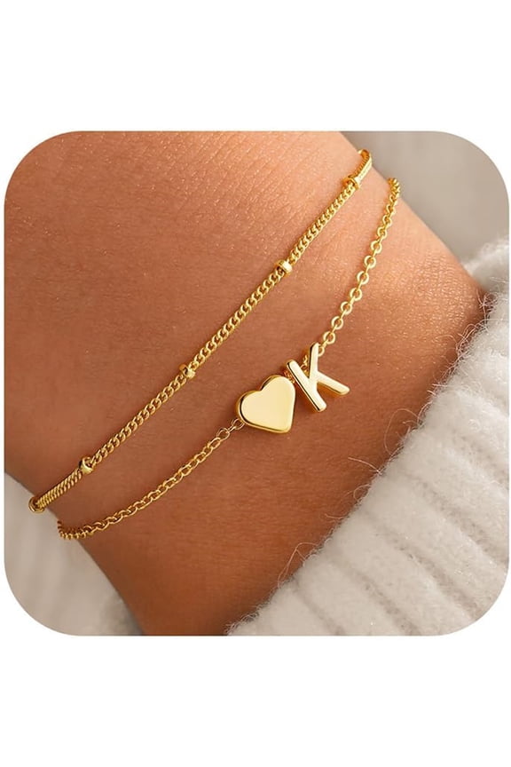 14K Gold Plated Dainty Charm Layered Initial Heart Link Bracelet for Women Letter A-Z Non Tarnish Jewelry Personalized Birthday Gift for Women Girls