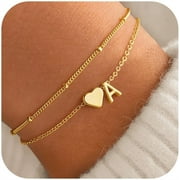 TURANDOSS 14K Gold Plated Dainty Charm Stack Initial Heart Link Beaded Bracelet for Women Letter A-Z Jewelry Personalized Christmas Birthday Gift for Women Girls