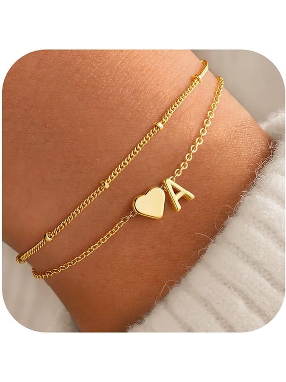 14K Gold Plated Dainty Charm Stack Initial Heart Link Beaded Bracelet for Women Jewelry Birthday Teacher Appreciation Mothers Day Graduation Gifts for Her Mom Kids Teen Girls Wife Ideas