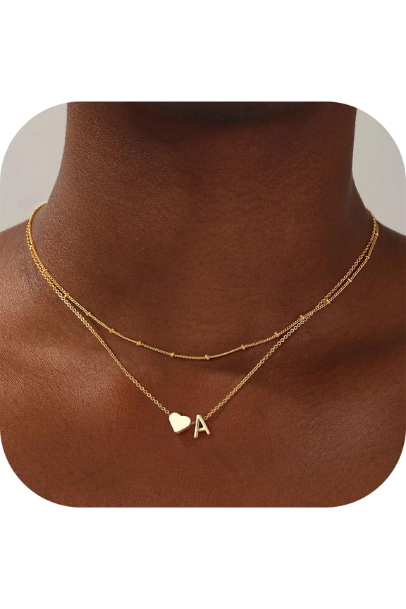 14K Gold Plated Dainty Heart Necklace for Women Layered Bubble Tiny Initial a-z Pendant Jewelry Personalized Birthday Gifts for Women Daughter Granddaughter Niece