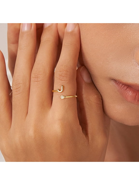 14K Gold Plated Dainty Initial Birthstone Open Rings for Women Girls Letter A-Z Fashion Jewelry Personalized Birthday Gift for Women Sister