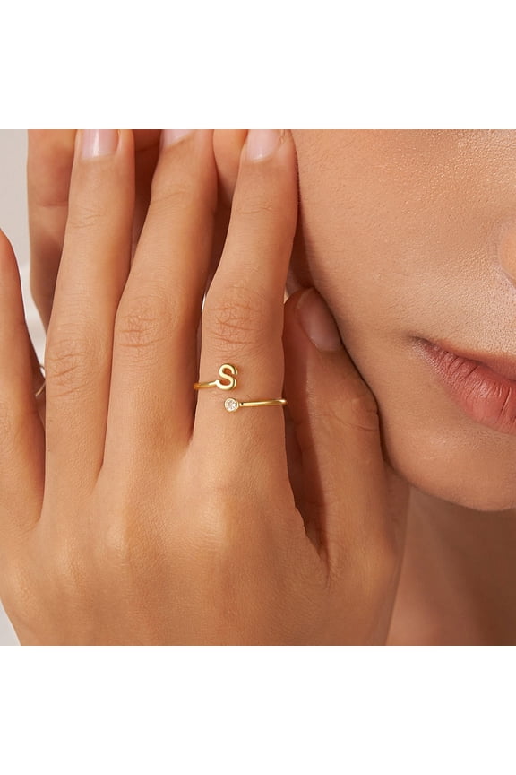 14K Gold Plated Dainty Initial Cz Open Rings for Women Girls Letter A-Z Custom Jewelry Personalized Birthday Gift for Women Teen Girls