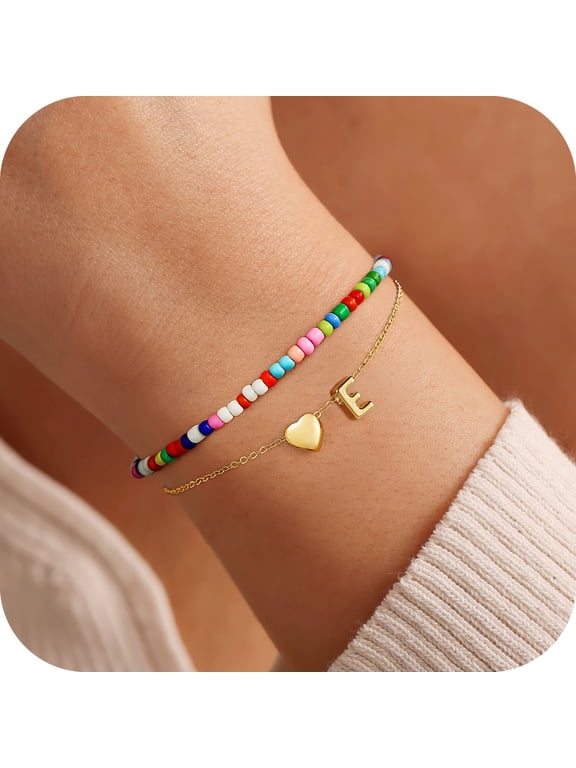 14K Gold Plated Dainty Layered Initial Beaded Bracelets for Women Girls Cute Heart Charm Colorful Beads Letter A-Z Non Tarnish Personalized Birthday Gifts for Teen Girl