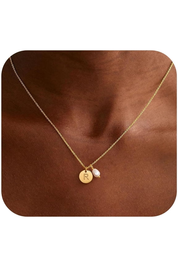 14K Gold Plated Disc Initial Pearl Choker Necklace for Women GirlsDainty Letter A-Z Coin Pendant Jewelry Fashion Accessories Personalized Birthday Gifts for Women Girls