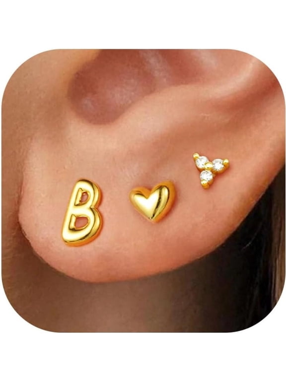 14K Gold Plated Flat Back Earrings for Women Stud Cartilage Hypoallergenic Earrings for Women Trendy 3 Pairs Heart Initial C Earring Set Personalized Birthday gifts